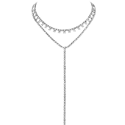 JewelryWe Schmuck Damen Geschichtete Halskette Multi Reihen Strass Choker Halsband Mehrschichtige Lange Choker Kette mit Anhänger für Frauen Mädchen Silber von JewelryWe
