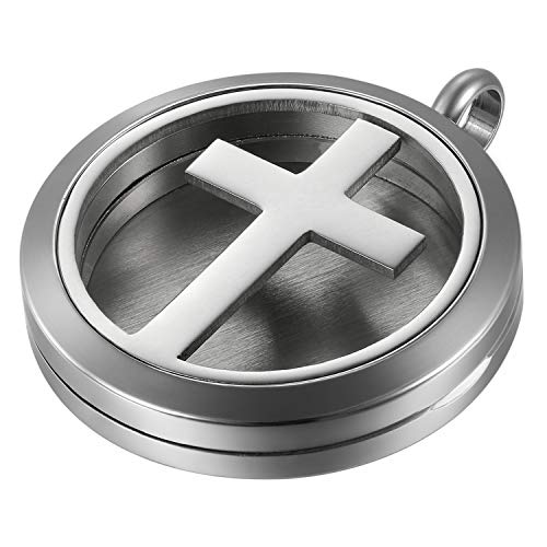 JewelryWe Schmuck Damen Halskette, Edelstahl Retro Hohle Kreuz Rund Aromatherapie Ätherische Öle Diffusor öffenbar Floating Medaillon Locket Anhänger mit 6 farbigen Filzkreisen und 45cm Kette, Silber von JewelryWe