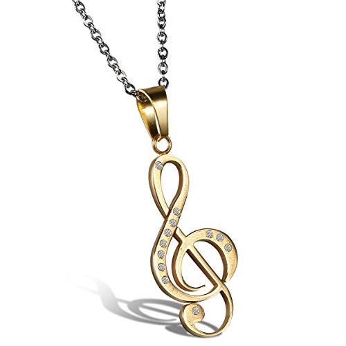 JewelryWe Schmuck Damen Halskette, Exquisite Strass Musik Note Notenschlüssel Anhänger mit 45cm Kette, Edelstahl, Gold von JewelryWe
