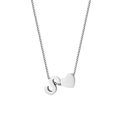 JewelryWe Buchstaben Herz Kette Damen: Silber Edelstahl Buchstabenkette Initiale Halskette mit Anfangsbuchstaben Alphabet S Herz Anhänger Namen Kettenanhänger Initialschmuck Geschenke Mädchen Freundin von JewelryWe