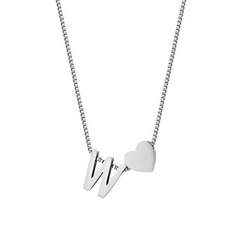 JewelryWe Buchstaben Herz Kette Damen: Silber Edelstahl Buchstabenkette Initiale Halskette mit Anfangsbuchstaben Alphabet W Herz Anhänger Namen Kettenanhänger Initialschmuck Geschenke Mädchen Freundin von JewelryWe