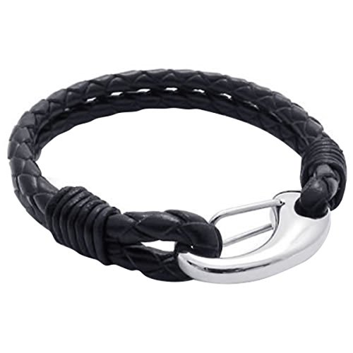 JewelryWe Schmuck Damen Herren Armband, Einfach Geflochten Leder Armreif mit Edelstahl Verschluss, Schwarz Silber von JewelryWe