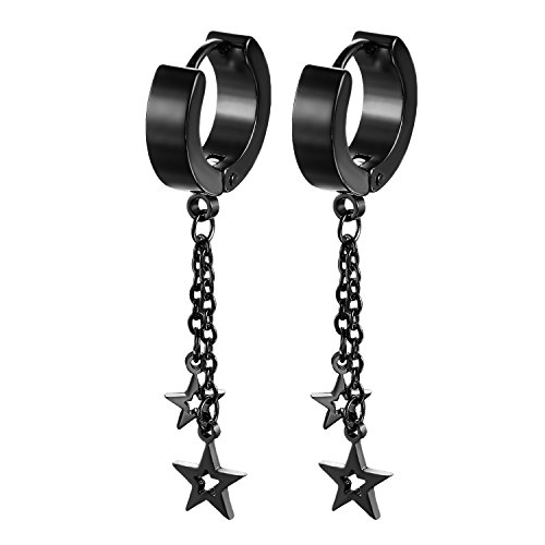 JewelryWe Schmuck Damen Herren Creolen Ohrringe Edelstahl Fünfzackigen Stern Pentagramm Ohrhänger, Schwarz von JewelryWe