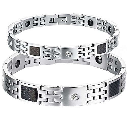JewelryWe Schmuck Pärchen Magnetarmband Edelstahl Strass Magnet Armband Armreif mit Schwarz Kohlenstoff Faser Valentinstag Paar Geschenk für Damen Herren von JewelryWe