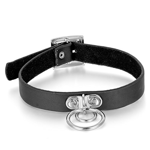 JewelryWe Leder Choker Damen Halsband: Gotik Punk Choker Kette mit O-Ring Kreis Anhänger Kragen Halskette verstellebare Lederhalsband für Männer Frauen Schwarz von JewelryWe