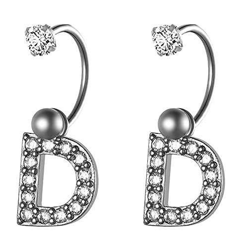 JewelryWe Schmuck Damen Herren Ohrringe Edelstahl Halb Creolen Ohrstecker mit A-Z Alphabet Buchstaben Zirkonia Anhänger, Knorpel Piercing Silber D von JewelryWe