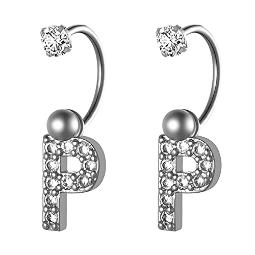 JewelryWe Schmuck Damen Herren Ohrringe Edelstahl Halb Creolen Ohrstecker mit A-Z Alphabet Buchstaben Zirkonia Anhänger, Knorpel Piercing Silber P von JewelryWe