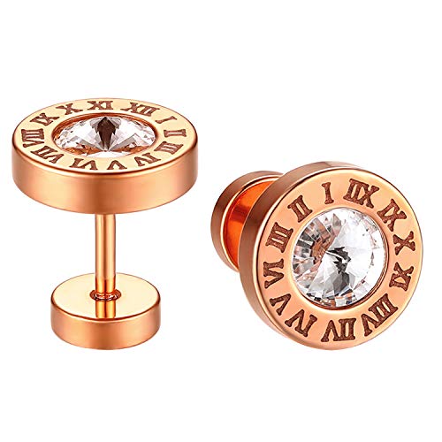 JewelryWe Schmuck Damen Herren Ohrstecker Edelstahl Römische Ziffern Glitzern Ohrringe Fake Plugs Ohr Cheater Tunnel Piercings mit Zirkonia Rosegold von JewelryWe