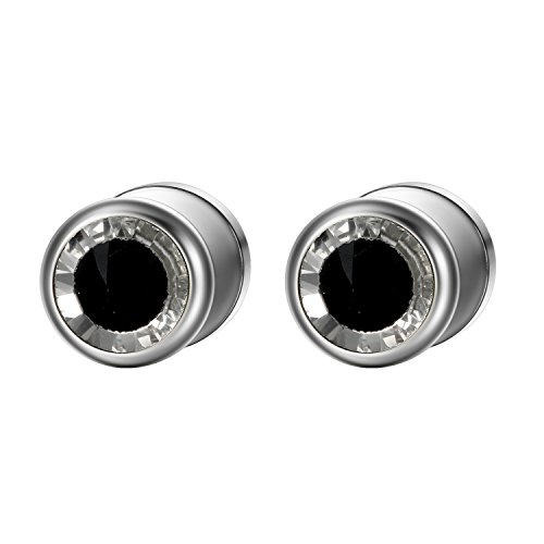 JewelryWe Fake Plug Ohrstecker Edelstahl: Damen Herren Rund Tunnel Ohrringe Fake Ohr Plugs Ohrstecker Ohrpiercing Schraube Helix Tragus Piercings mit glänzend Strass Schwarz Silber von JewelryWe