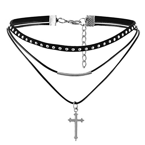 JewelryWe Schmuck Damen Choker Halskette, schwarz Nieten gotische Seil Goldrohr Velvet Spitze Choker Tattoo Punk Gothic Halsband mit Kreuz Anhänger von JewelryWe