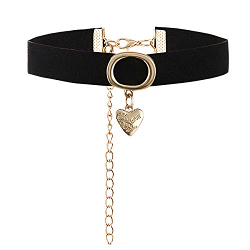 JewelryWe Schmuck Damen Choker Halskette, schwarz gotische Seil Goldrohr Velvet Spitze Choker Tattoo Punk Gothic Länge einstellbare Halsband mit Love Gravur Herz Anhänger von JewelryWe