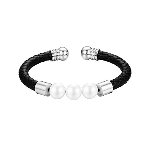 JewelryWe Schmuck Damen Lederarmband, Elegant Süßwasserperlen Charm offen Armband Armreif, Echtleder Leder Edelstahl, Silber Schwarz von JewelryWe