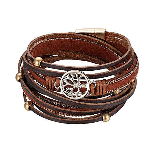 JewelryWe Herren Lederarmband Wickelarmband Punk Lebensbaum Baum des Lebens Boho Multilayer Geflochtene Leder Armband Armreif Wickelarmband Manschette mit Magnetverschluss von JewelryWe
