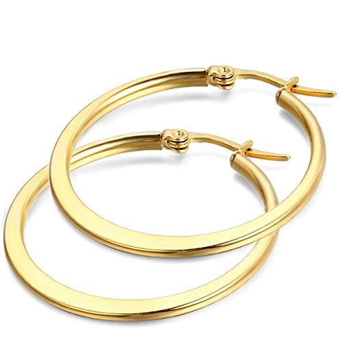 JewelryWe Ohrringe Damen Große Creolen: 24mm Gold Edelstahl Flache Runde Kreis Creolen Huggie Ohrstecker Ohrhänger Geschenk für Frauen Mädchen von JewelryWe