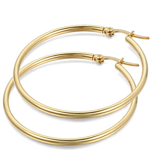 JewelryWe Schmuck Damen Ohrringe, 34mm Edelstahl große Poliert Creolen Ohrhänger, Gold von JewelryWe