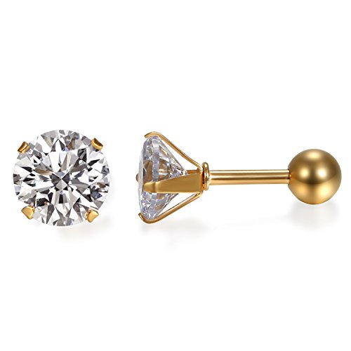 JewelryWe Schmuck Damen Ohrringe, Elegant Runde Zirkonia Edelstahl Ohrstecker Tragus Helix Ohr Piercing, Gold - Breite 6mm von JewelryWe