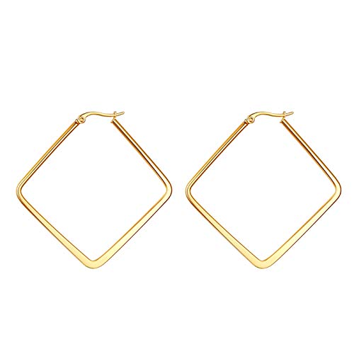 JewelryWe Schmuck Damen Ohrringe Edelstahl Poliert große Quadrat Viereck Geometrie Hoop Creolen Ohrstecker Gold 40mm von JewelryWe