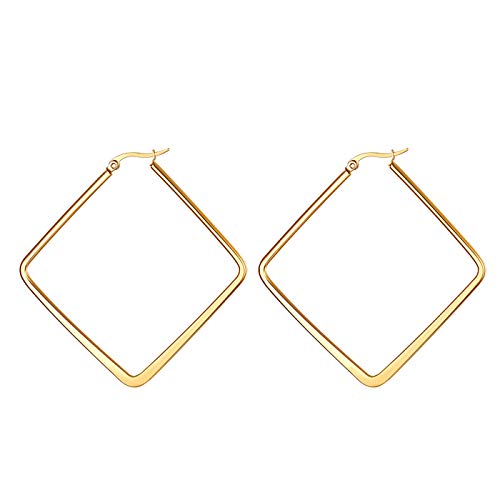 JewelryWe Schmuck Damen Ohrringe Edelstahl Poliert große Quadrat Viereck Geometrie Hoop Creolen Ohrstecker Gold 45mm von JewelryWe