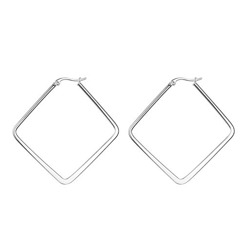 JewelryWe Schmuck Damen Ohrringe Edelstahl Poliert große Quadrat Viereck Geometrie Hoop Creolen Ohrstecker Silber 40mm von JewelryWe