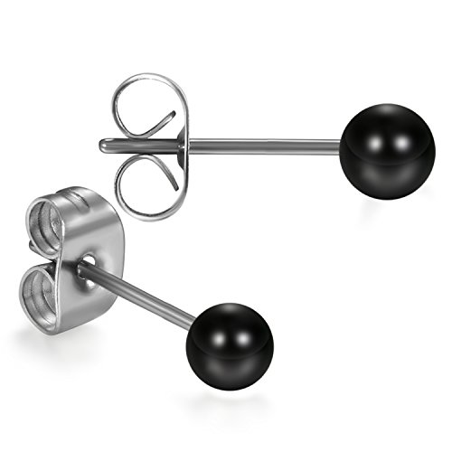 JewelryWe Schmuck Damen Ohrstecker, Elegant Edelstahl Imitation Perlen Kugel Ohrringe Gestüt Stecker Silber Schwarz 3mm für Frauen Mädchen von JewelryWe
