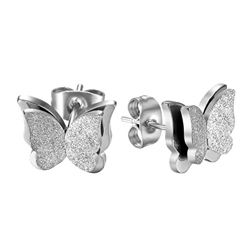 JewelryWe Schmuck Damen Ohrstecker Edelstahl sandgestrahlt Schmetterling Ohrringe Silber von JewelryWe