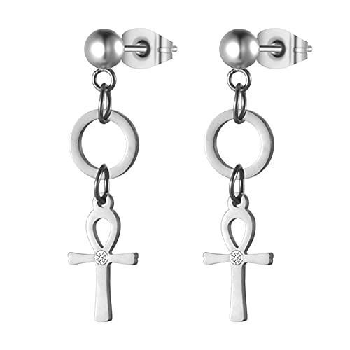 JewelryWe Schmuck Damen Ohrstecker mit Ägyptischen Ankh Kreuz & Kreis Anhänger Edelstahl Baumeln Ohrringe für Herren Geschenk Silber von JewelryWe