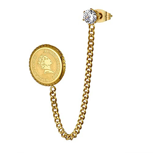 JewelryWe Schmuck Damen Ohrstecker mit Königin Elizabeth Münzen & Kette Edelstahl Zirkonia Ohrringe Ohrklemme Ohrpiercing Geschenk Gold von JewelryWe