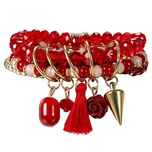 JewelryWe Schmuck Damen Perlenarmband Elastisch Böhmische Perlen Armband Armreif mit Niet Blume Quaste Anhänger Rot von JewelryWe