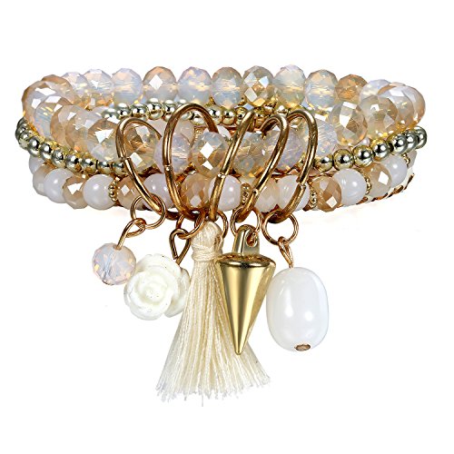 JewelryWe Schmuck Damen Perlenarmband Elastisch Böhmische Perlen Armband Armreif mit Niet Blume Quaste Anhänger Weiß von JewelryWe