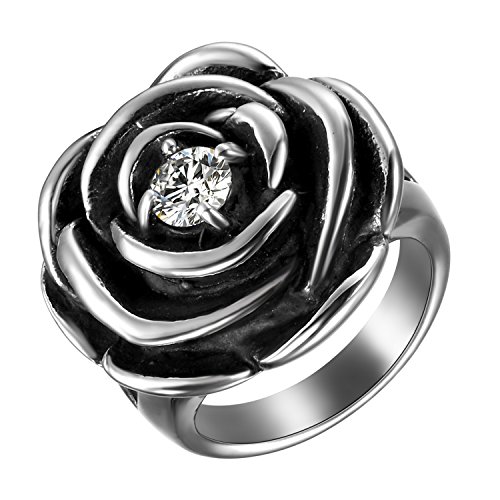 JewelryWe Schmuck Damen-Ring, Edelstahl Ring Rose Flower Blume Zirkonia CZ Gothic silber Cast Band für Frauen - Größe 54 von JewelryWe