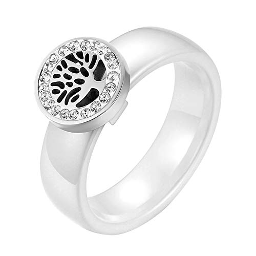JewelryWe Schmuck Damen-Ring, Elegant Baum des Lebens Edelstahl Strass Keramik Ring Band, Weiß Silber, Größe 59 von JewelryWe