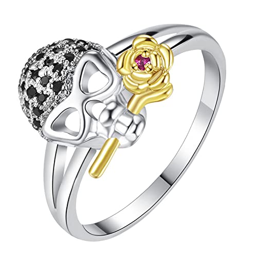 JewelryWe Schmuck Damen-Ring Retro Punk Totenkopf Schädel Rose Blume Ring Gold Silber Geschenk für Jahrestag Valentinstag WeihnachtenGröße 54 von JewelryWe