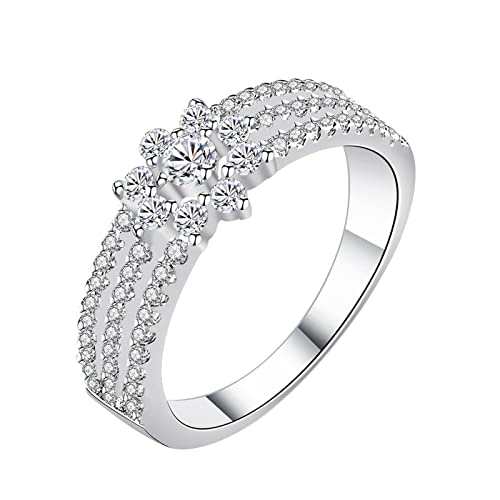 JewelryWe Schmuck Damen-Ring Elegant Glänzend DREI Reihen Zirkonia Blume Ring Verlobung Hochzeit Band Silber Geschenk für Jahrestag Valentinstag Weihnachten Größe 57 von JewelryWe