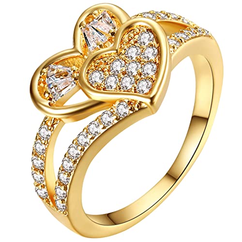 JewelryWe Schmuck Damen-Ring Elegant Glänzend Strass Doppelt Herzen Ring Verlobung Hochzeit Band Gravur Gold Geschenk für Jahrestag Valentinstag Weihnahten Größe 57 von JewelryWe