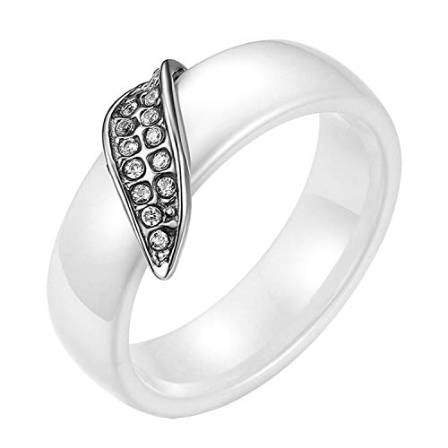 JewelryWe Schmuck Damen-Ring Elegant Pure Weiß Keramik Ring mit Edelstahl Strass Blatt Verlobungsringe Jahrestag Hochzeit Band Größe 52 von JewelryWe