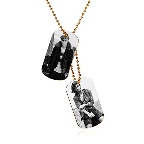 JewelryWe Schmuck Dog Tag Halskette mit persönlicher FOTOGRAVUR | Bild & Text Gravur, Edelstahl 2 Poliert Erkennungsmarken Dog Tag Herren Anhänger mit 60cm Kette, Gold von JewelryWe