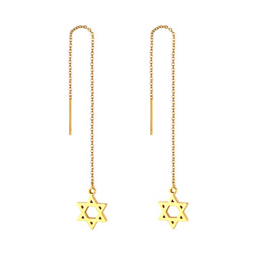 JewelryWe Davidstern Durchzieher Ohrringe Damen: Gold Edelstahl Hexagramm Einfädler Ohrringe Lange Kette Ohr Linie Hängend Quaste Ohrhänger Baumeln Tropfen Ohrringe Jüdisch Schmuck für Frau Mädchen von JewelryWe