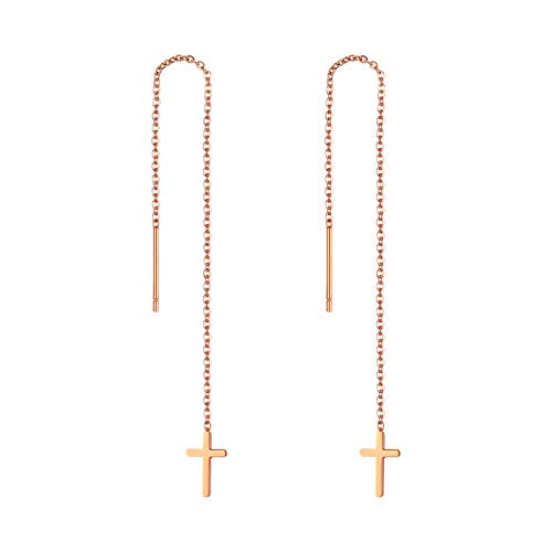 JewelryWe Schmuck Durchzieher Ohrringe Edelstahl Kreuz Lange Kette Einfädler Ohr Linie Ohrhänger für Frauen Mädchen Rosegold von JewelryWe