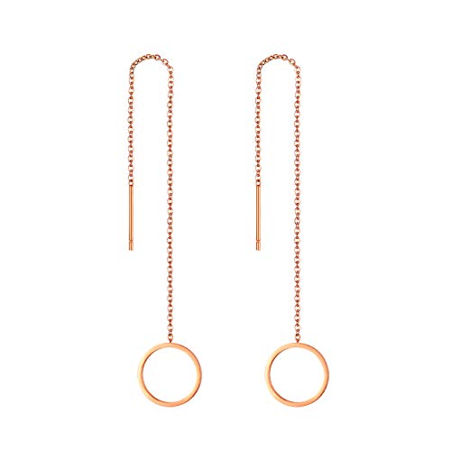 JewelryWe Schmuck Durchzieher Ohrringe Edelstahl Rund Kreis Lange Kette Einfädler Ohr Linie Ohrhänger für Frauen Mädchen, Rosegold von JewelryWe