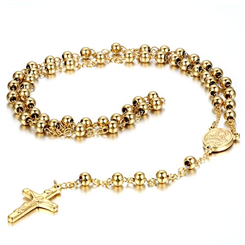 JewelryWe Schmuck Edelstahl Anhänger Halskette Gold Jesus Christ Kruzifix Kreuz Rosenkranz Jahrgang 30.7 Zoll Kette Herren,Damen von JewelryWe