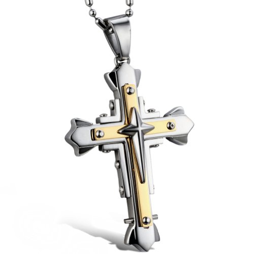 JewelryWe Kreuz Halskette Herren Edelstahl: Klassiker Retro Dreifach Kruzifix Kreuz Anhänger mit 55cm Kette Religiös Schmuck Geschenk für Männer Gold Silber von JewelryWe