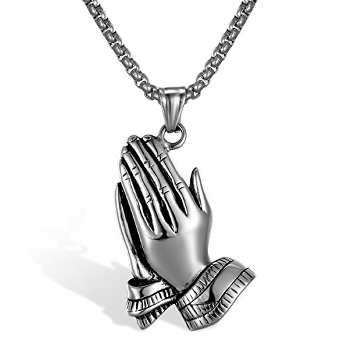 JewelryWe Schmuck Edelstahl Anhänger Halskette Silber Religiöse Christliche Betende Hände Apostel Gebet Hände Herren,mit 56cm Kette von JewelryWe