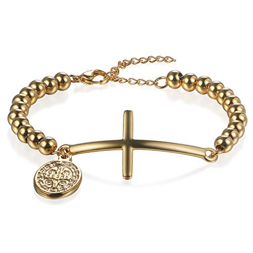 JewelryWe Schmuck Edelstahl Armband Kreuz Saint Benedikt Exorcism Katholische Kugelkette Armreif verstellbare Armkette Gold für Herren Damen Ostern Geschenk von JewelryWe