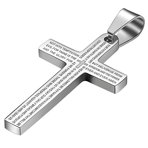 JewelryWe Schmuck Edelstahl Bibel Gebet Kreuz Anhänger mit 55cm Kette, Halskette für Herren Damen, Silber von JewelryWe