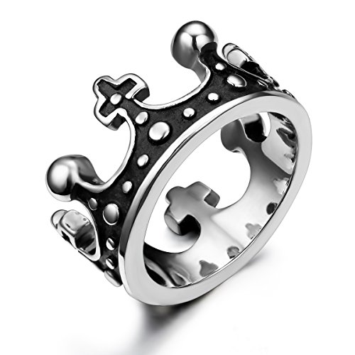 JewelryWe Schmuck Edelstahl Damen Herren Ring, Retro Krone Unisex Band Partnerringe Verlobungsringe Eheringe, Schwarz Silber Größe 62 - mit Geschenk Tüte von JewelryWe