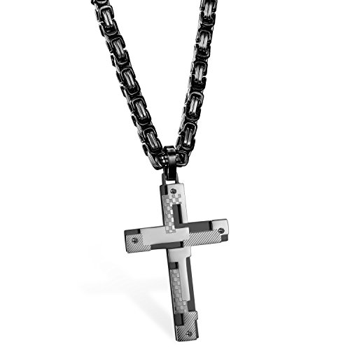 JewelryWe Schmuck Edelstahl Einzigartig Design Kreuz Kruzifix Anhänger mit 65cm Königskette, Halskette Kette für Herren, Schwarz Silber, mit kostenlos Gravur von JewelryWe