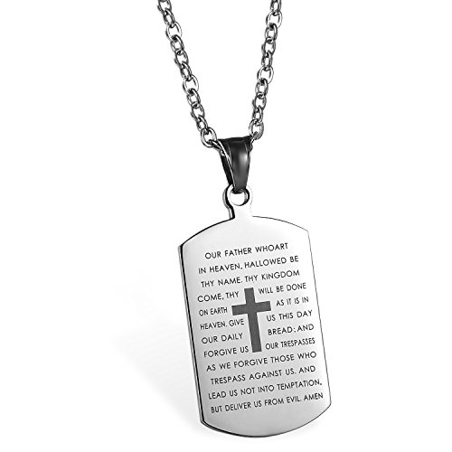 JewelryWe Schmuck Edelstahl Englisch Bibel Herr Gebet Kruzifix Kreuz Dog Tag Anhänger mit 55cm Kette, Halskette für Herren und Damen, Silber, kostenlos Gravur von JewelryWe