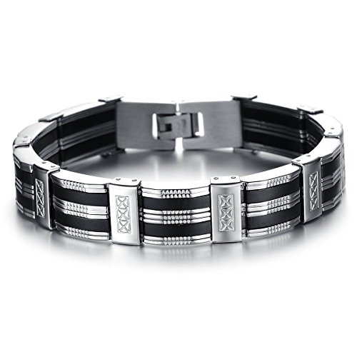 JewelryWe Schmuck Edelstahl Gummi Kautschuk Armband Link Handgelenk Silber Schwarz Kruzifix Kreuz Retro Herren von JewelryWe