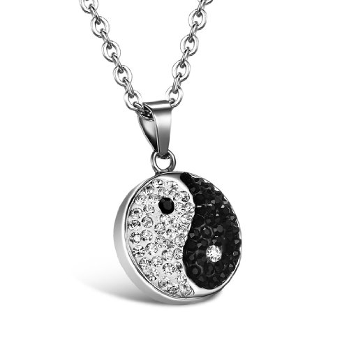 JewelryWe Schmuck Edelstahl Halskette, Strass Yin Yang Anhänger, Partneranhänger mit 55cm Kette für Damen Herren, Schwarz Silber von JewelryWe