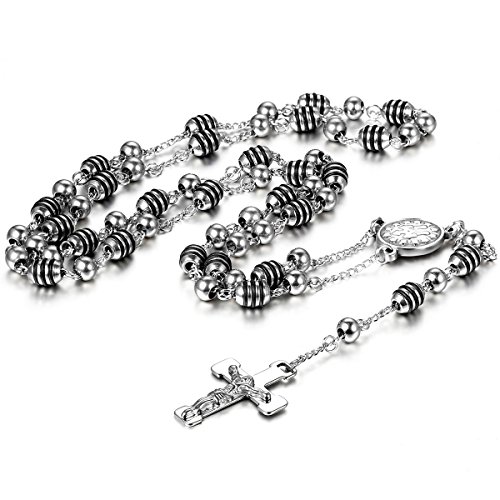 JewelryWe Schmuck Edelstahl Halskette mit Jesus Kruzifix Kreuz Anhänger, 6mm Breit Kugelkette Kette für Damen und Herren, Silber Schwarz (Ostern Geschenk) von JewelryWe